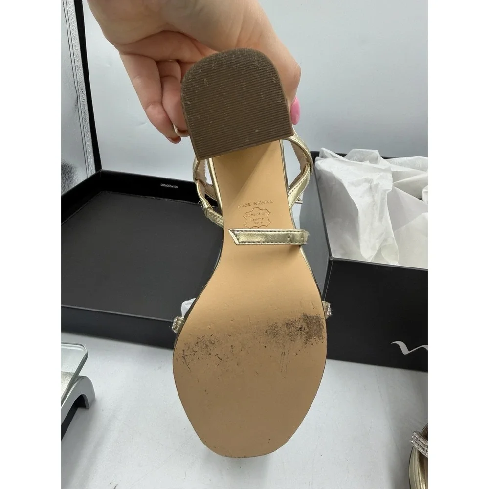 New With Box Nina Gold Strappy Sandals with Rhinestone Accents Size 7.5 M
